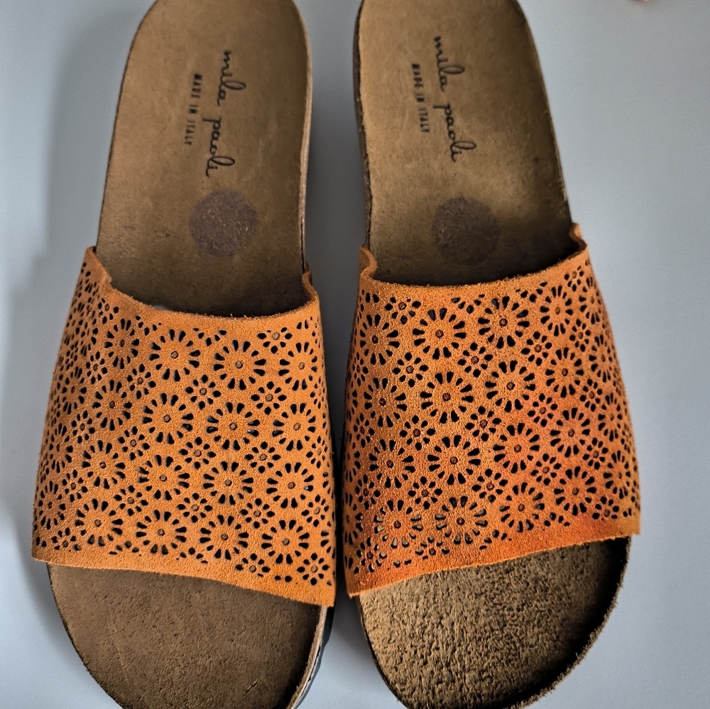 Mila Paoli Orange Sandals with Laser-Cut Design